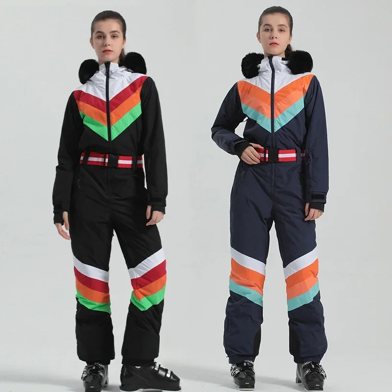 Combinaison de sport à capuche en fourrure trempée de neige pour femme, vêtements de montagne, salopette femme, survêtement de ski en plein air, hiver, 1 pièce, 2025, 506