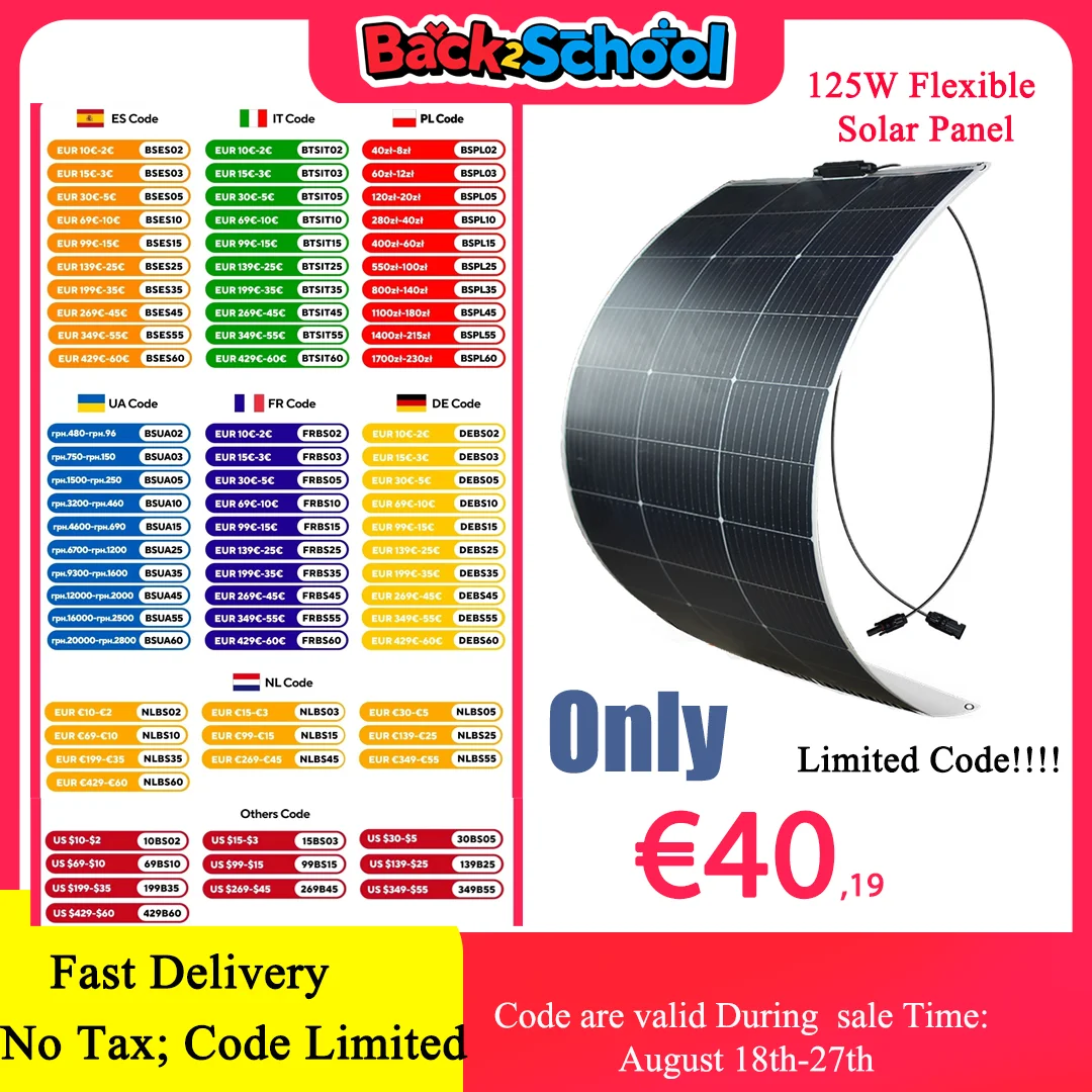 

Solar Panel 125W 250W Flexible Panel Solar Monocrystalline Cell Power Station 12V Battery Charge For Camping Boat RV