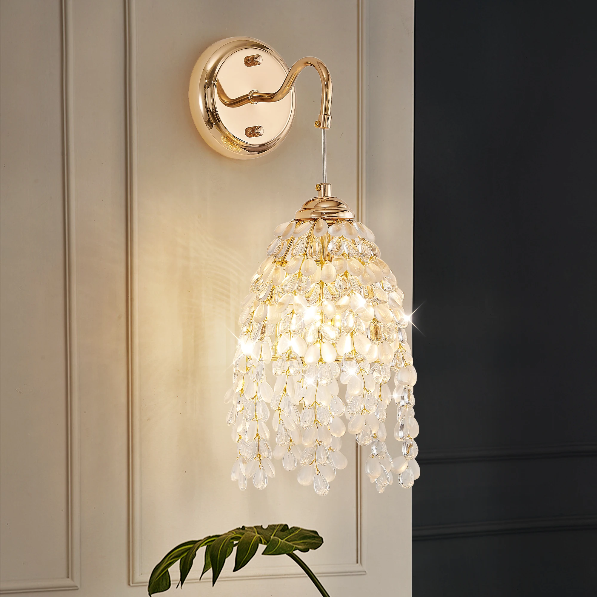 

Golden Frame & Crystal Bead String Wall Light E12 Bulb Socket Elegant Hanging Light Fixture for Living Room Bedroom Hallway