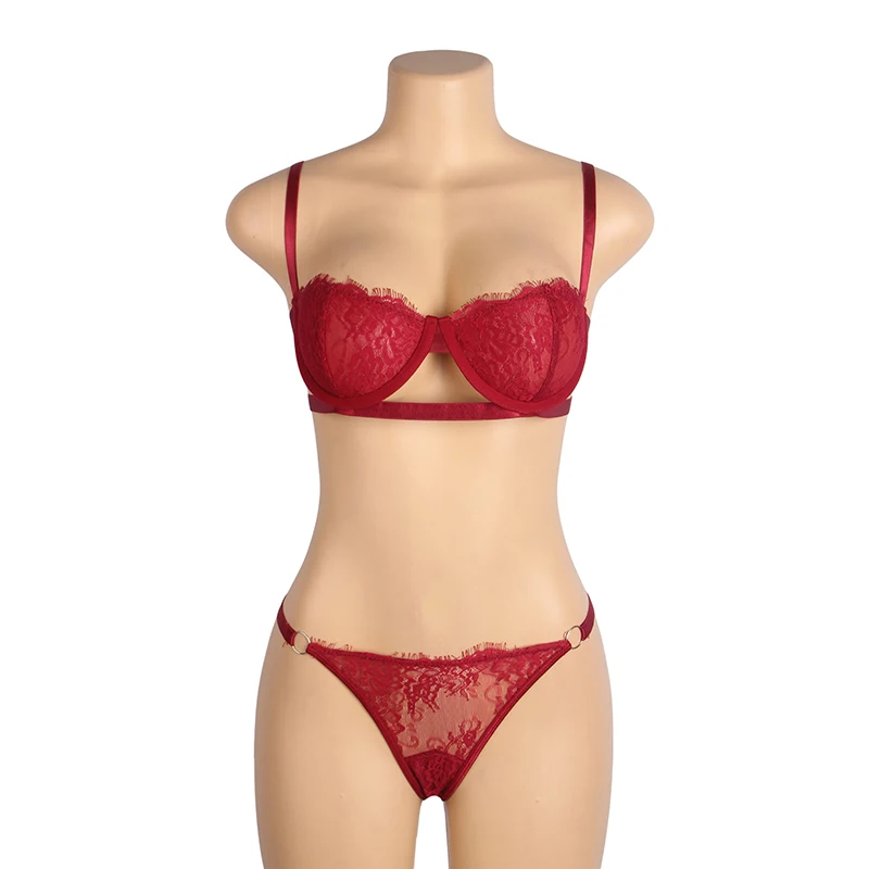 Eyelash Lace Underwire Bra Set Women Adjustable Straps Bra & Panty Lingerie 2pcs Plus Size Christmas Red French Female Intimates