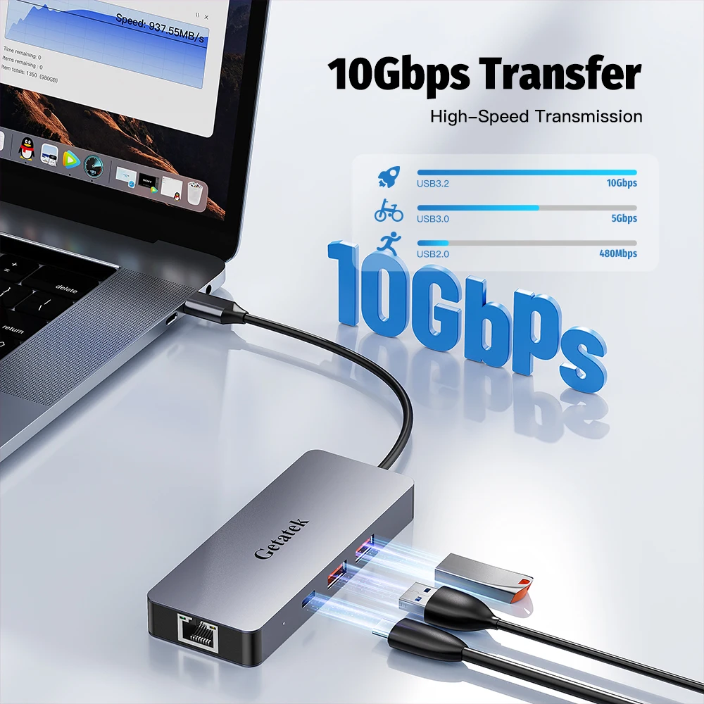 Getatek-concentrador de red USB tipo C 6 en 1, estación de acoplamiento PD 3,2 W, adaptador de puerto Ethernet para MacBook Pro Dell, 4K, 60Hz,