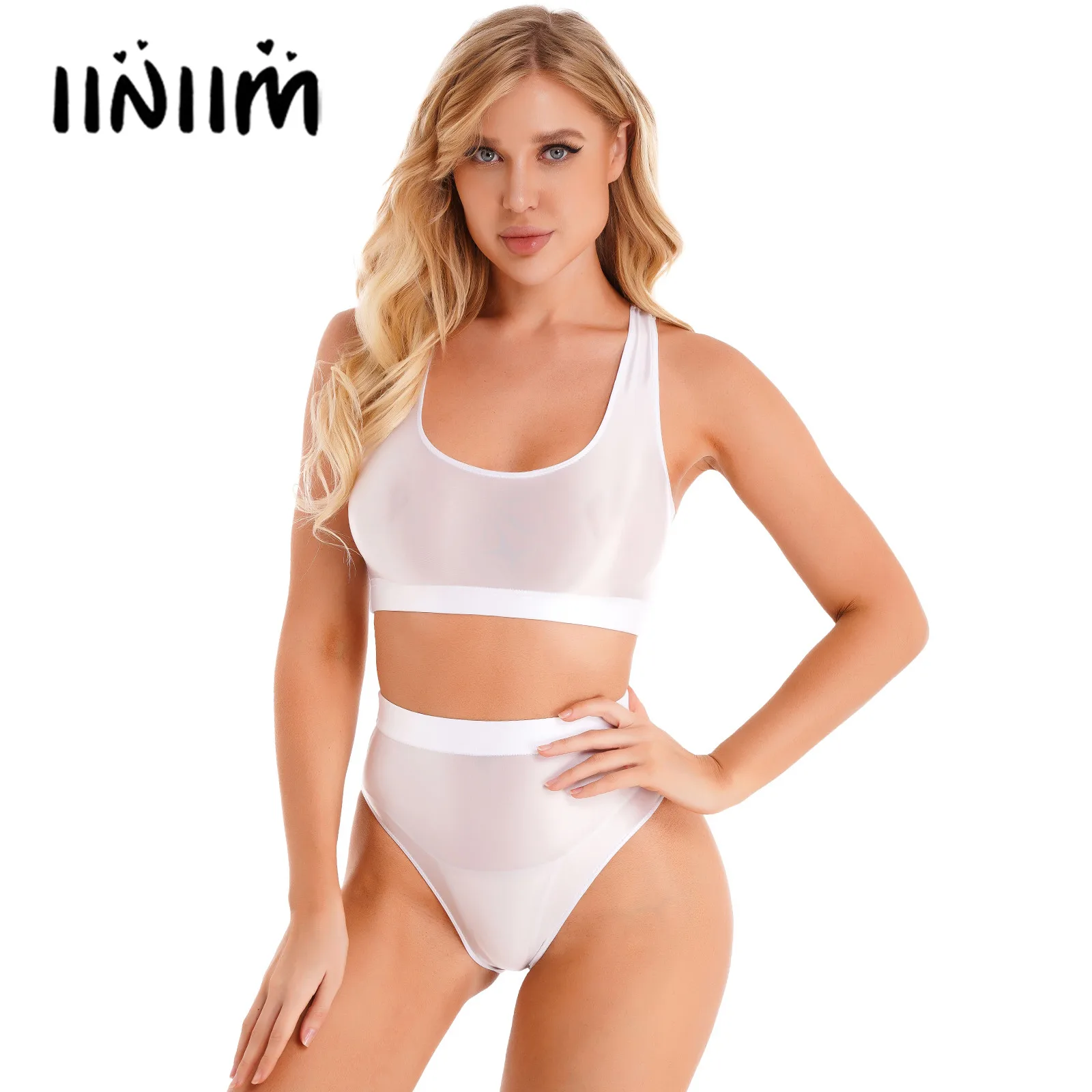 Swimsuits Woman 2023 Two-piece Girls Female Swimwear Underwear Glossy U Neck Sleeveless Crop Tank Top High Waist Briefs