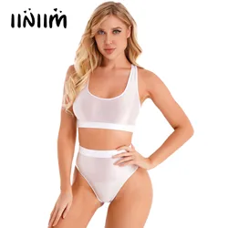 Swimsuits Woman 2023 Two-piece Girls Female Swimwear Underwear Glossy U Neck Sleeveless Crop Tank Top High Waist Briefs