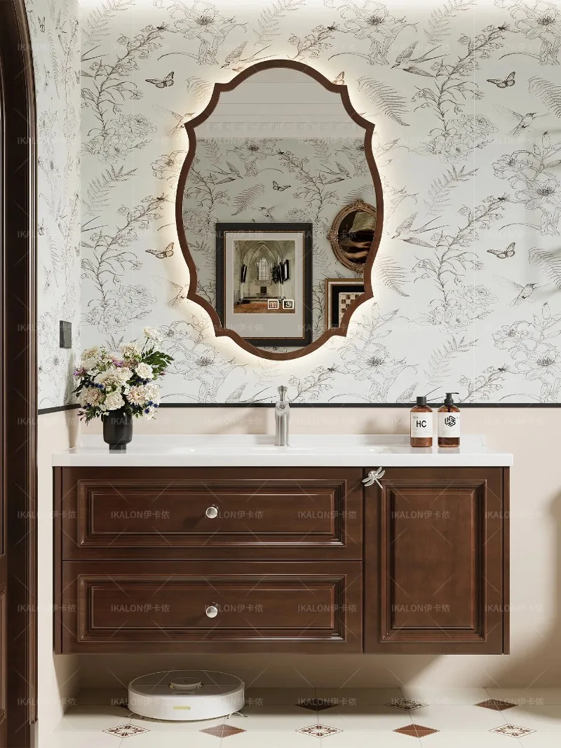 Solid Wood Bathroom Cabinet Combination, French Vintage Ceramic Integrated Bathroom Washbasinn9