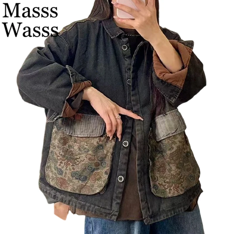 

Mass Wasss 2025, зимние модные парки с принтом, женские свободные теплые стеганые пальто, женские классические повседневные винтажные утепленные куртки в стиле панк