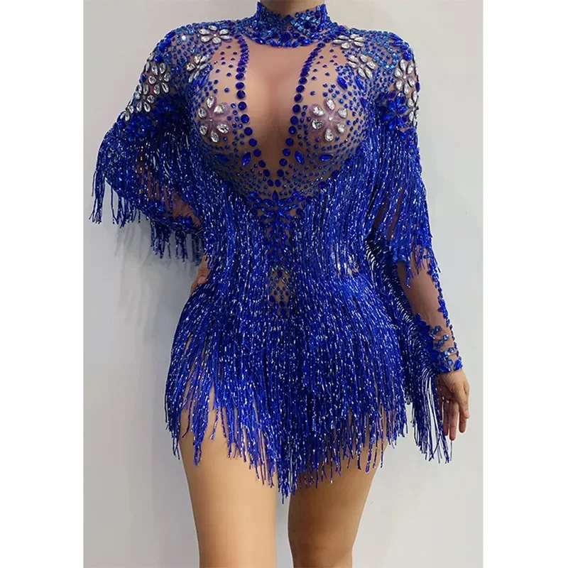 Blauw Rode Strass Transparante Fringe Mouw Bodysuit Nachtclub Bar Danser Team Zanger Sexy Party Verjaardag Stadium Rave Wear