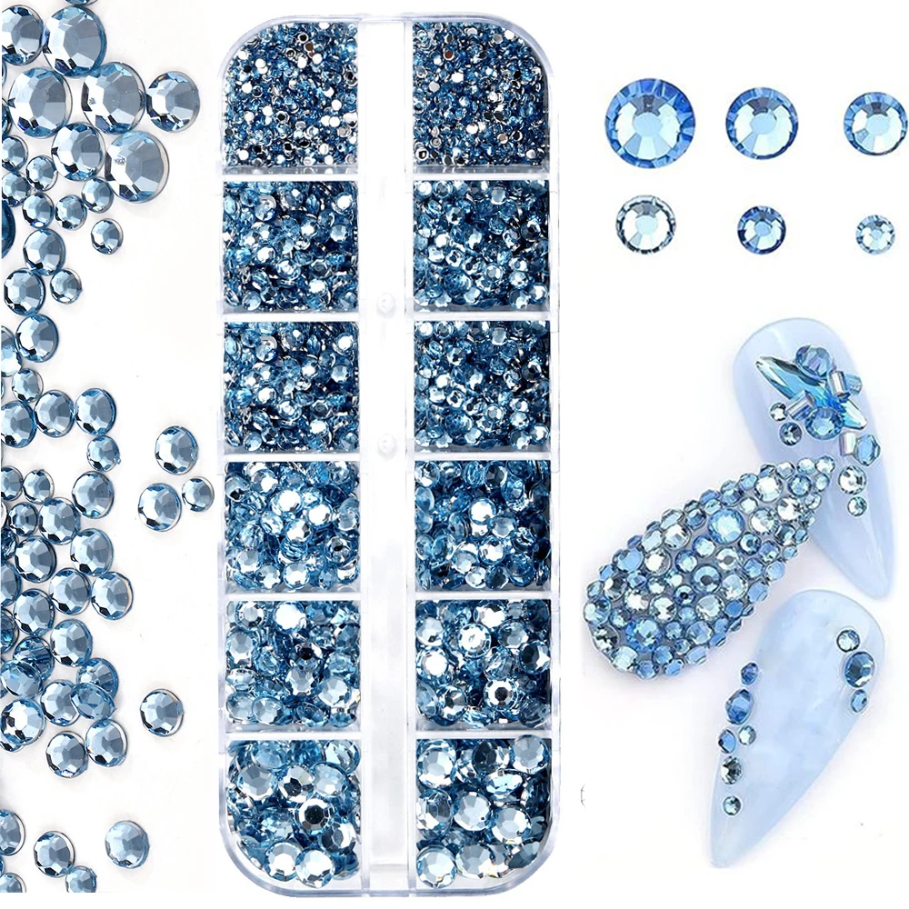 12Grids SS6-SS30 Mixed Nail Charms Sky Blue Gems Flatback Crystal Rhinestone Nail Art Mix-Size Diamond Jewely For Nails Decor *&