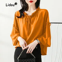 Fashion Temperament Butterfly Bow Lacing Blouse Women New Classic Long Sleeve Elegant Lantern Sleeve Loose Chiffon Top 2023