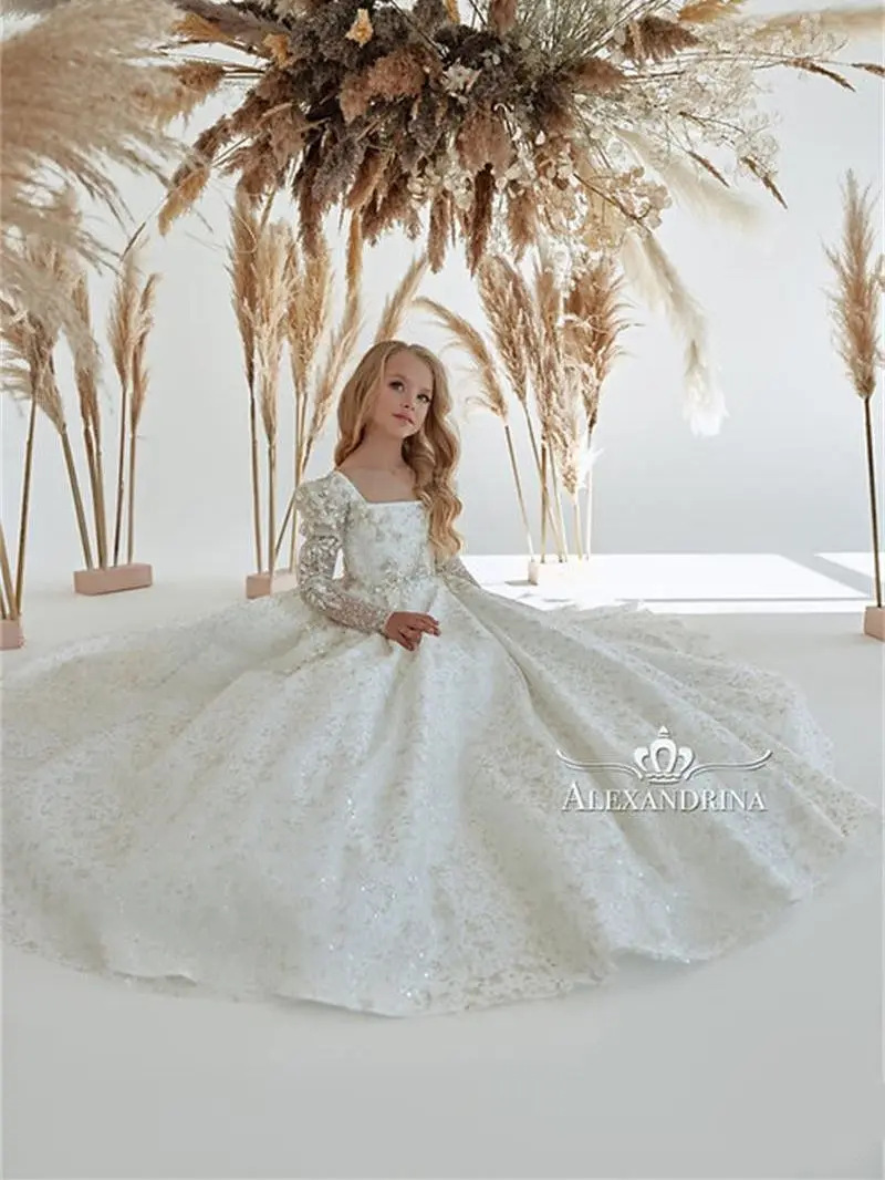 Elegante vestido de flores con cuello cuadrado de marfil para niña, apliques de línea A, cuentas, bohemio, fiesta de cumpleaños para niños