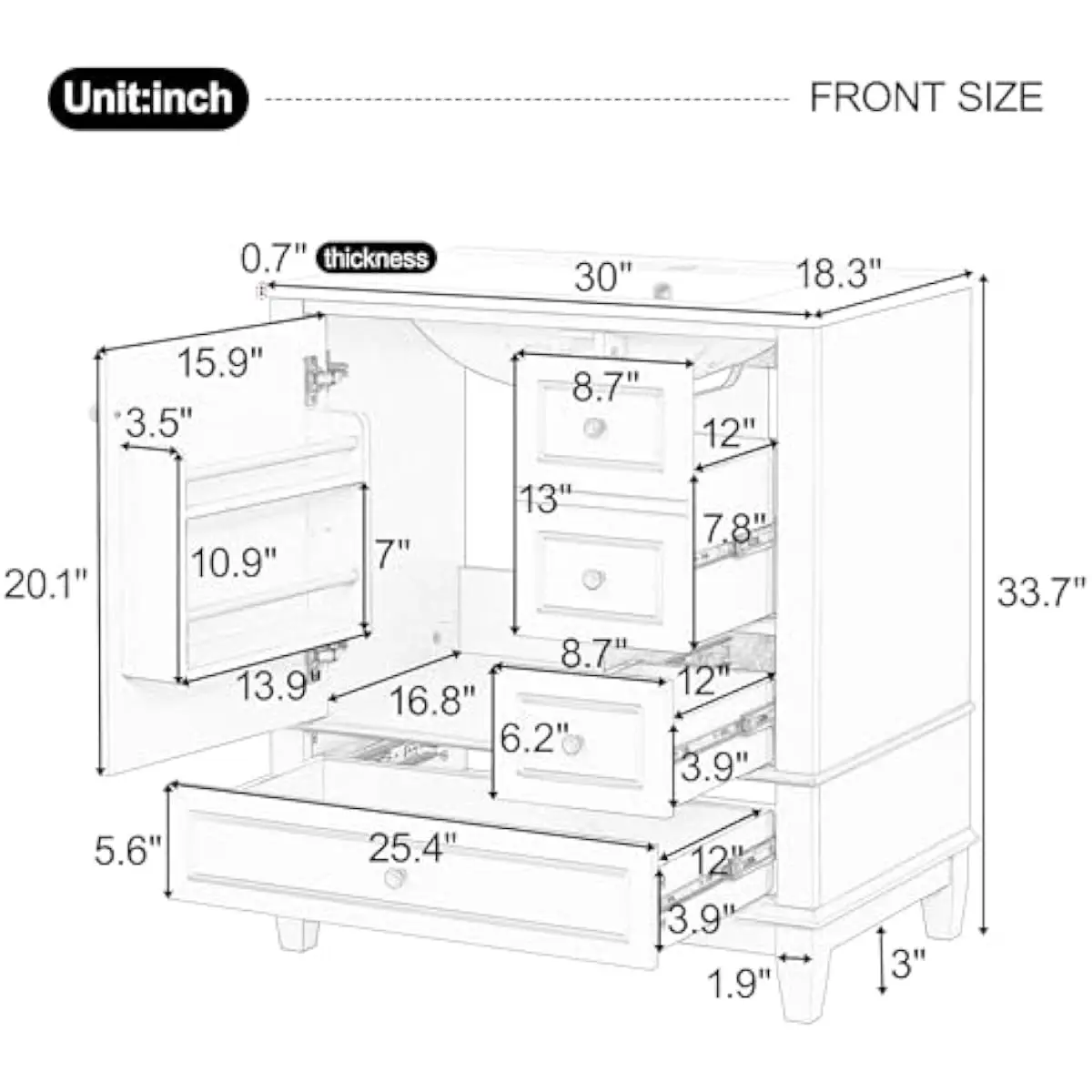 Modern 30 inch bathroom vanity unit featuring integrated ceramic basin, spacious concealed storage, three smooth-gliding drawers