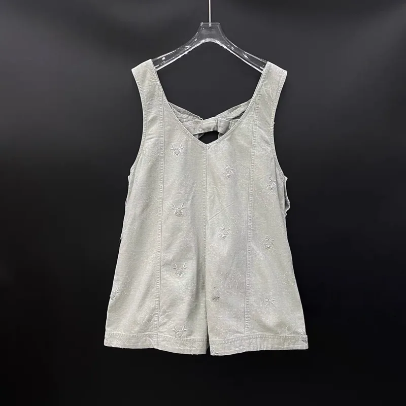 HKSH Women Playsuits Heavy Embroidery Bowknot Design Sleeveless Button Washed High Street Niche Jumpsuit Wide Leg Shorts HK25300