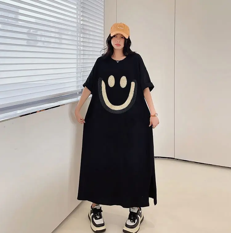 T-shirt Long en coton pour femmes, longueur aux genoux, décontracté, ample, grande taille, amincissant, nouvelle Version coréenne imprimée, ligne H, été