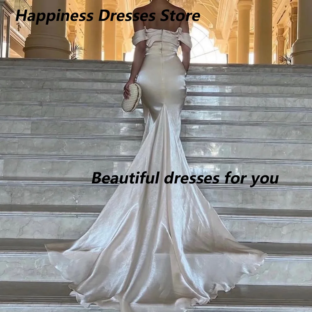 Customized Ivory Satin Mother Of The Bride Gown Off Shoulder Draped Ruched Mermaid Ruffle Edge Train Wedding Guest Maxi Dress