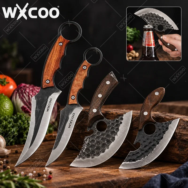 WXCOO Kitchen Knife Set Multifunctional Hand Forged Butcher Knife with Leather Sheath Meat Cutting Cleaver Bottle Opener Knife