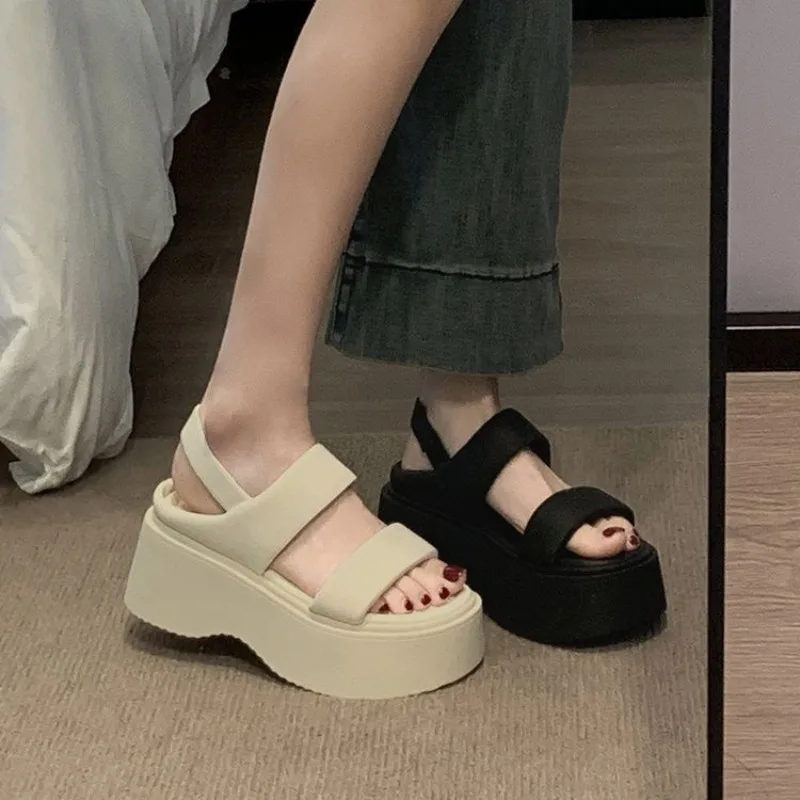 

High Heels Leather Casual Woman Beach Thick Bottom Flip Flops Summer 2026 Chunky Sandals Women's Wedge Heels Slides 8CM