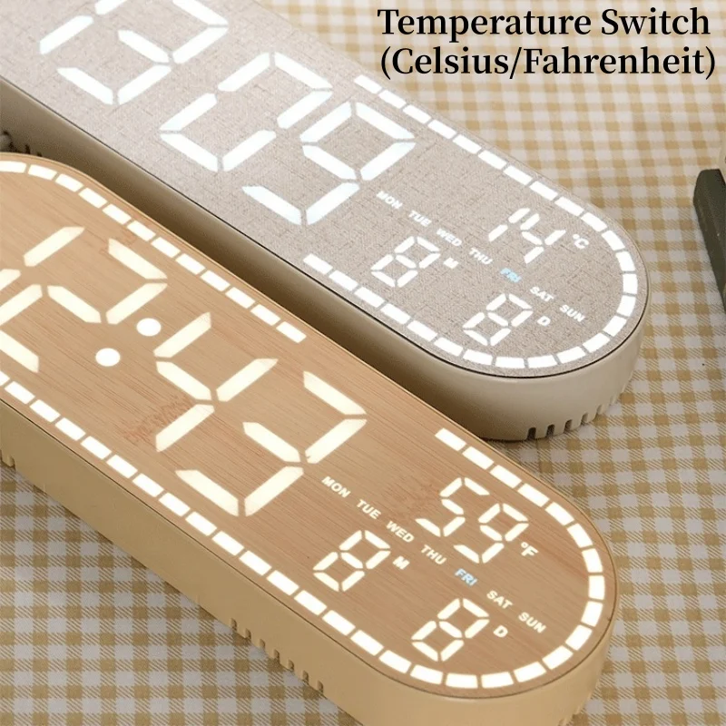 USB-Betriebene Digitale Wanduhr mit Temperatur-, Wochen- und Datumsanzeige, Doppelalarm, 4 Helligkeitsstufen, Timer, Schlummerfunktion, Tischuhr, 12/24-Stunden-LED-Uhr – Detail 2