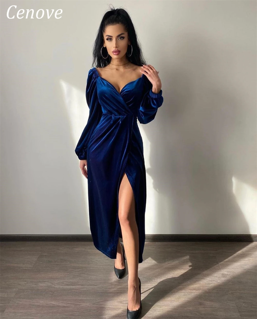 

Cenove A-Line High Slit Velvet Long Evening Gown Formal Elegant Prom V-Neck New Party Blue Dresses for Women 2023