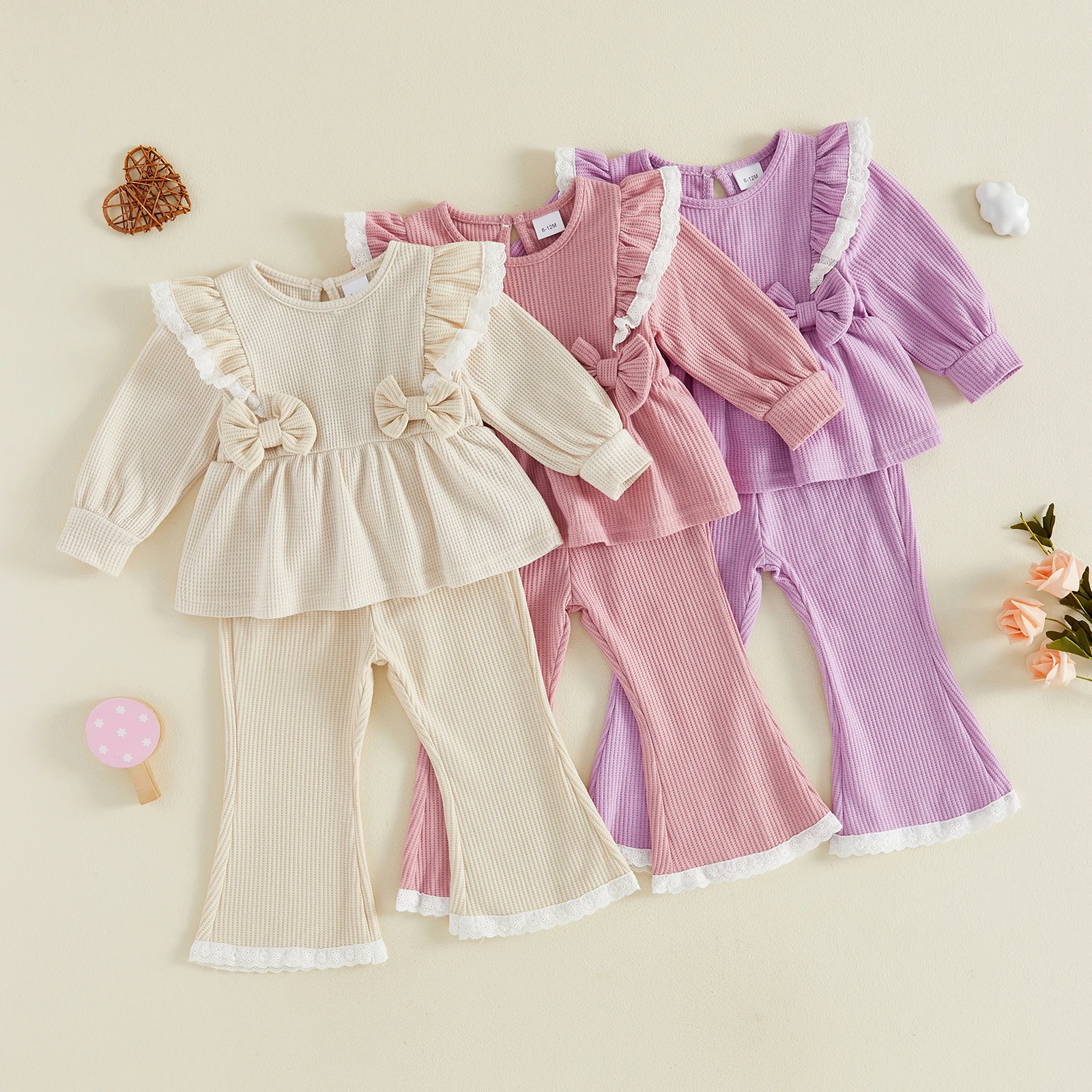 Toddler Girls 2 Piece Outfits Adorable Lace Trim Long Sleeve Crew Neck Tops and Flared Pants Set