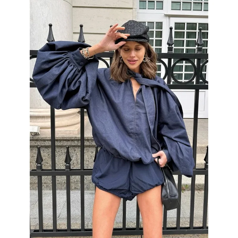 Women Casual Denim Blue Shorts Set Fashion Bubble Long Sleeve Lace-up Shirt High Waist Shorts 2 Piece Lady Chic Street Outfits