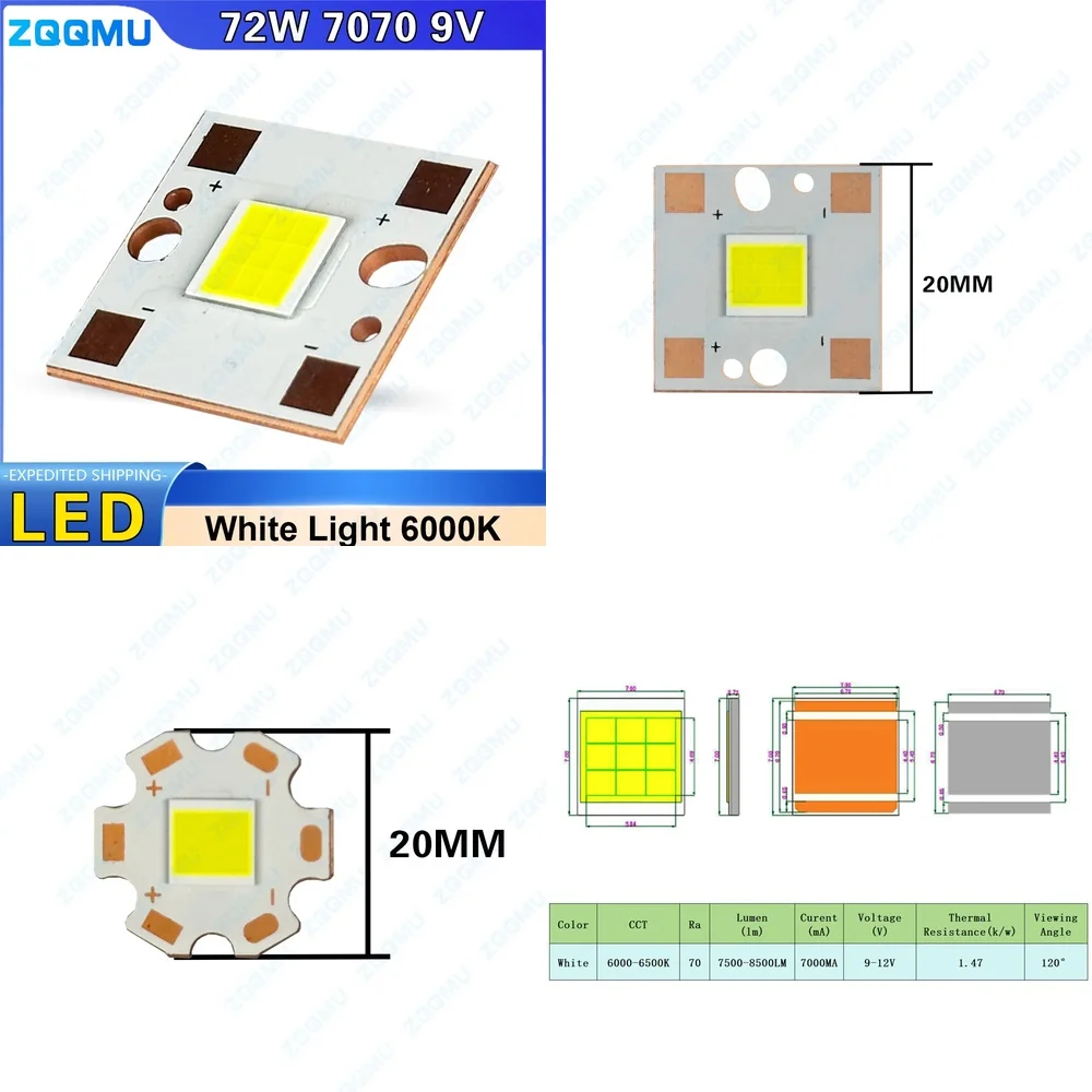 

Светодиодный чип высокой мощности 72 Вт 7070 6000 6500 К Белый свет Лампа из бисера DC9 11 В для фонарика DIY Обновление автомобильного освещения