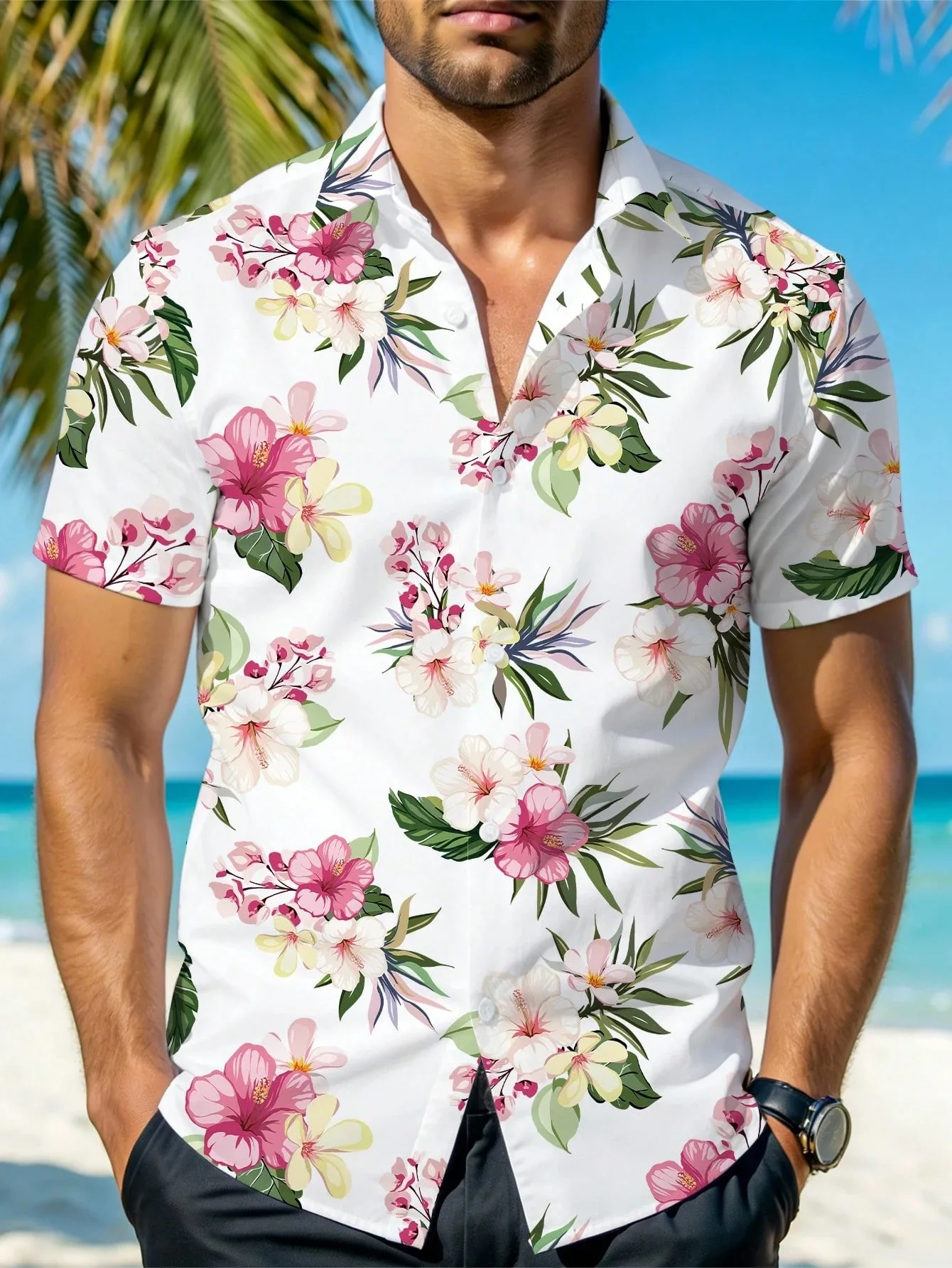 Hawaiian Botanical Flower Print Men's and Women's Short Sleeve Lapel Seaside Button-Down Shirt Top Casual Fashionable Shirts