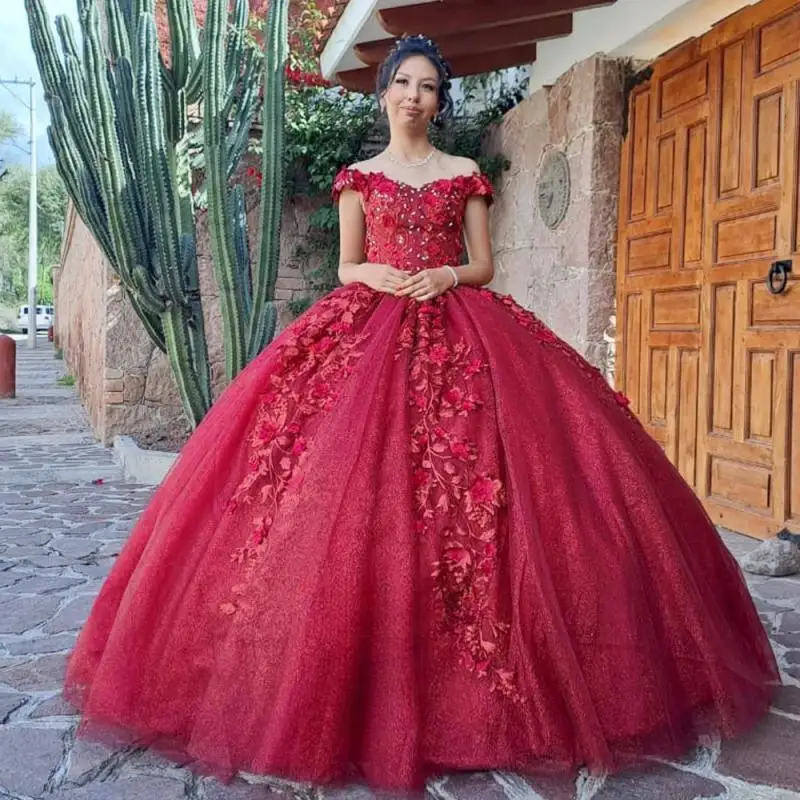 여자를위한 맞춤형 빨간색 매력적인 라인 석 Quinceanera 드레스 레이스 아플리케 오프 어깨 Vestidos De 15 Quinceanera