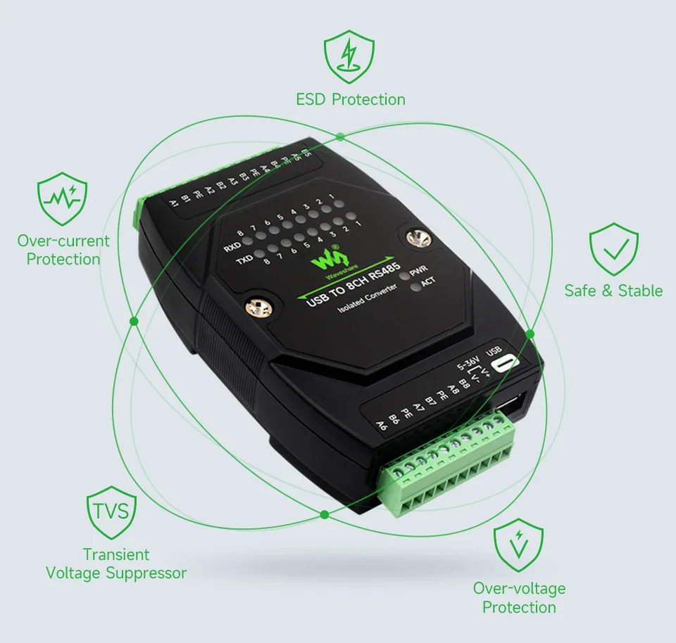 Industrial Grade USB to 8CH RS485 Converter with Multiple Protection Circuits Wall-Mount & Rail-Mount Support for Enhanced Safet
