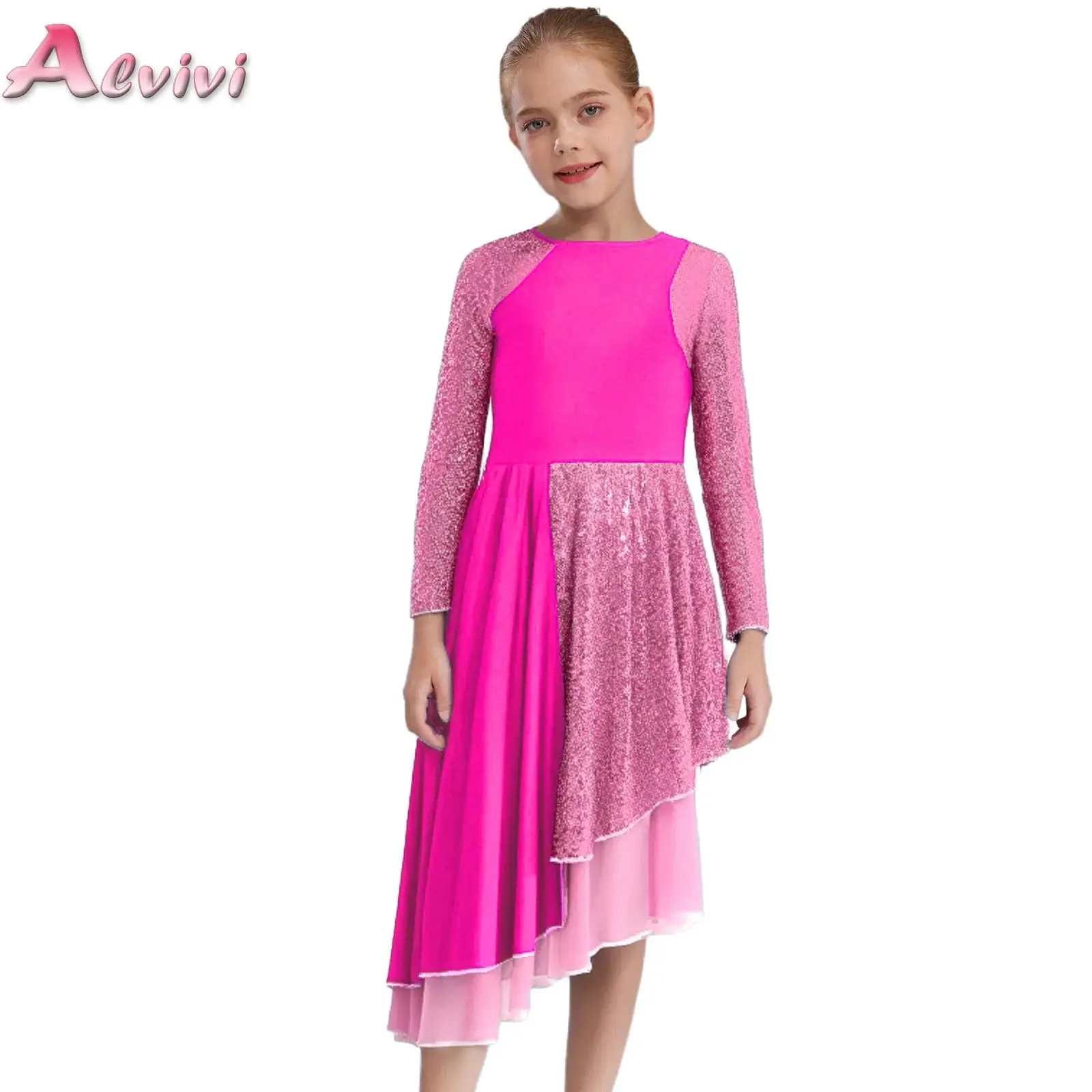 Lyrical Ballet Performance Wear Kids Girls Sparkling Sequins Color Block Liturgical Praise Worship Robe Asymmetrical Dress