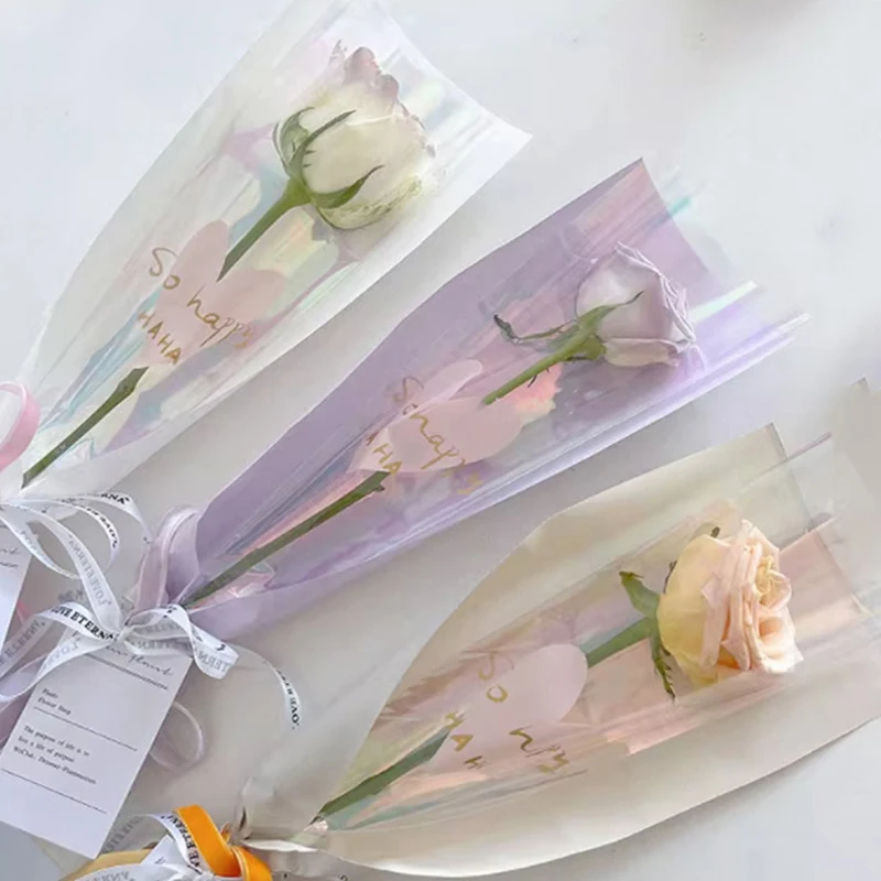 10pcs Single Rose Sleeves Flower Wrapping Bag Bouquet Packaging Bags Clear Cellophane Floral Wrappers For Valentine's Day