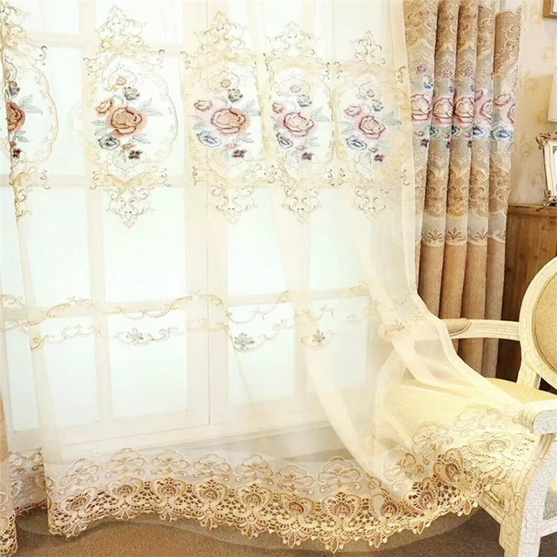 Luxurious Beige Peony Embroidery Curtains for Living Room Semi-Blackout Curtains for Bedroom Villa Hotel Decoration M258#40