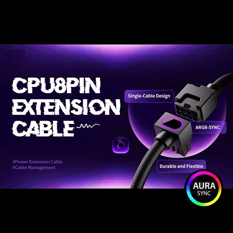 كابل تمديد اللوحة الأم CPU8PIN، كابل ARGB PC مع 5V 3Pin، 18AWG 90 °   تصميم الزاوية اليمنى، موصلات ذكر إلى أنثى B-ABVP