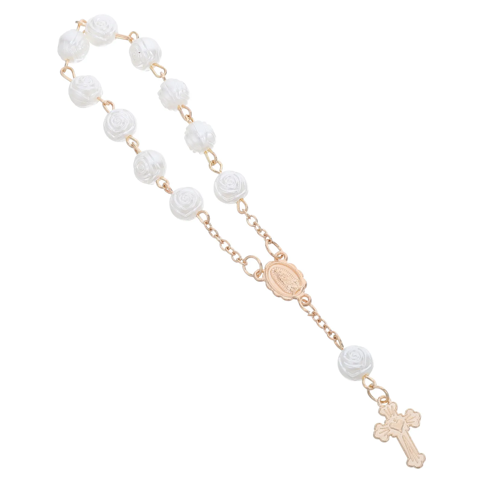 Car Rearview Mirror Rosary Charm Rose Bead Cross Pendant Religious Auto Interior Decoration Christian Car Hanging