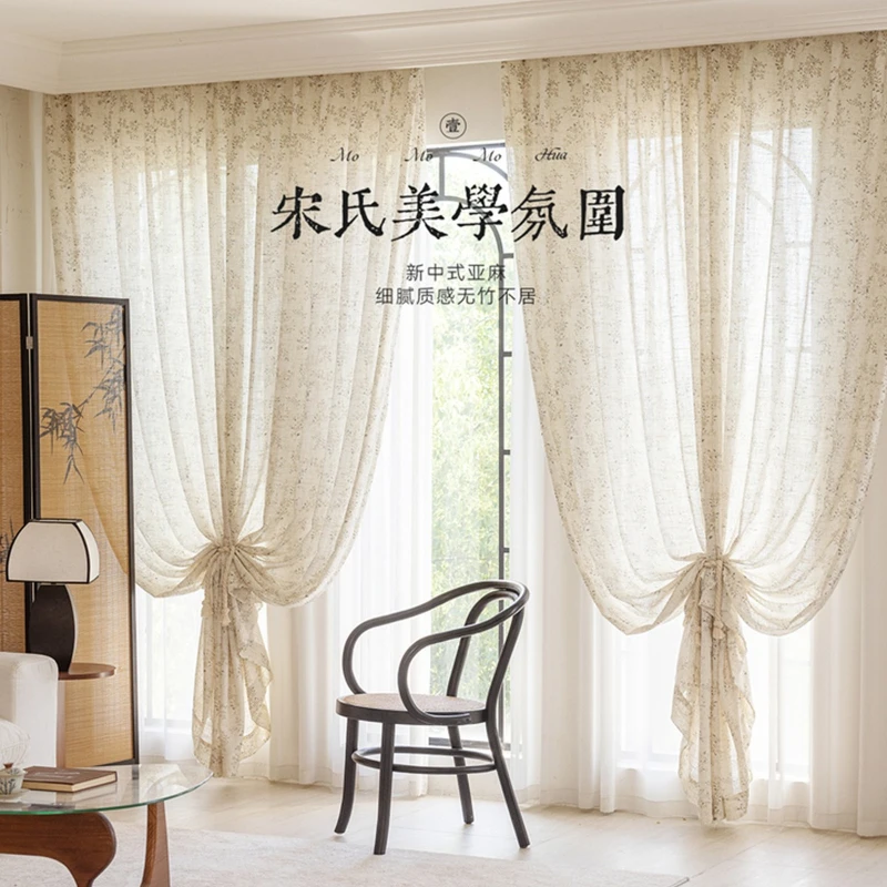 Translucent and Opaque Linen Pastoral Style Chinese Style Cotton and Linen Custom Size Curtains for Living Dining Room Bedroom
