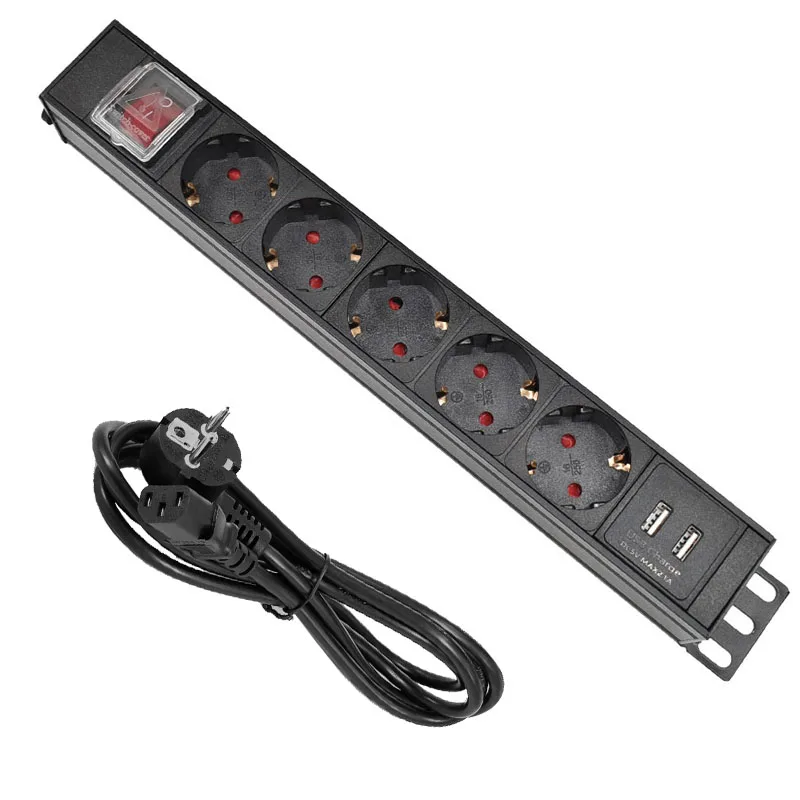 

5 Ways PDU Power Strip EU Power Strip Socket with IEC-C14 Port Outlet extend with Circuit Breaker Switche 2 USB