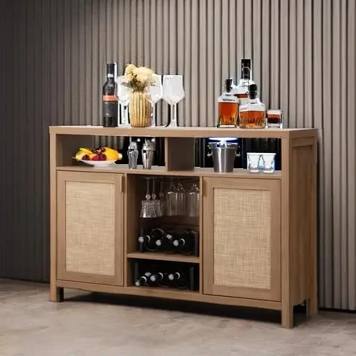 Armadietto da bar, credenza da buffet in rattan da 51 pollici con contenitore, armadietto per liquori Boho Farmhouse con portabottiglie per vino Cred