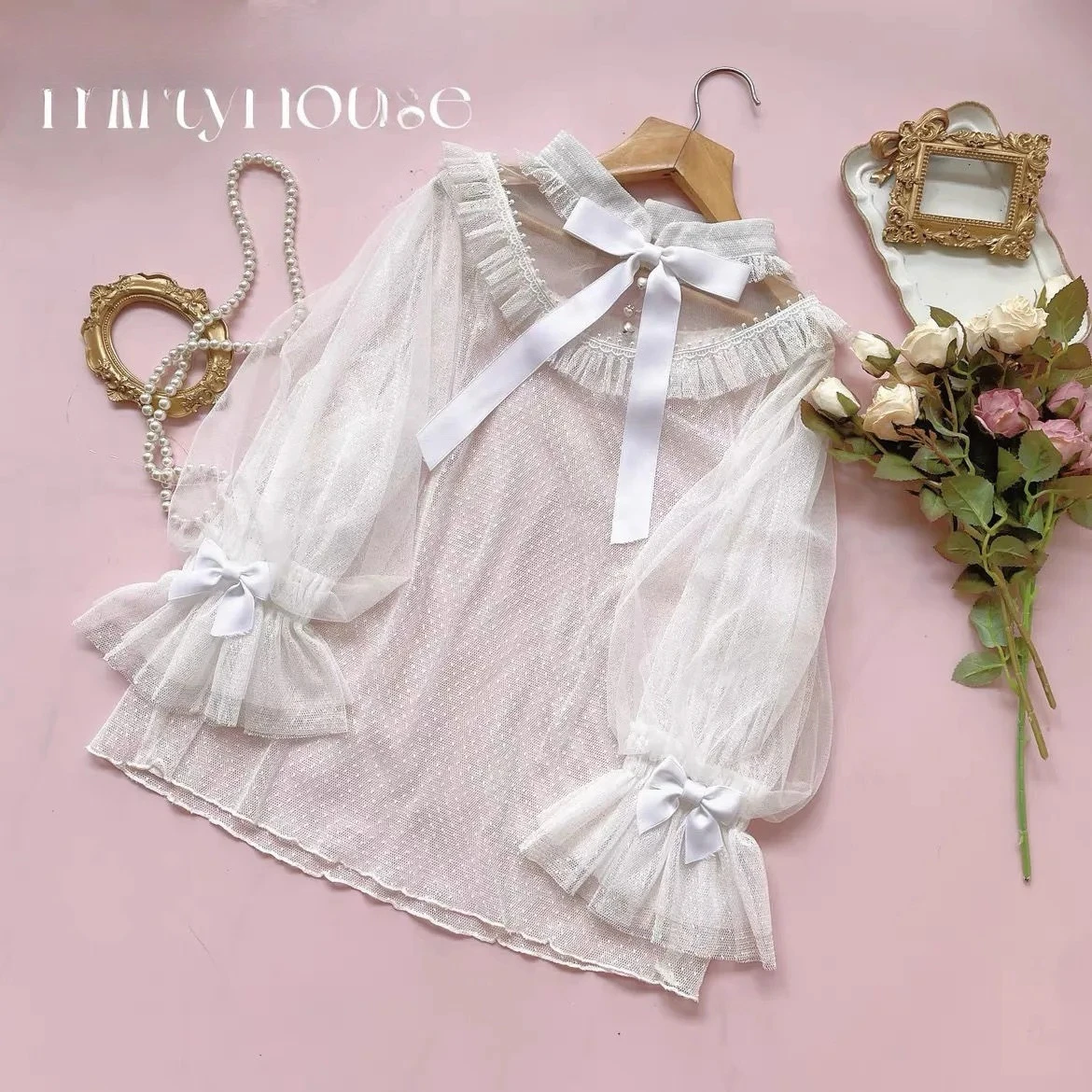 

Lolita Shirts 2025 New Summer Tulle Lolita Dot Bow Long Sleeve Blouse Outside Wear Inside Bottom Shirt Top Girls Blusas De Mujer