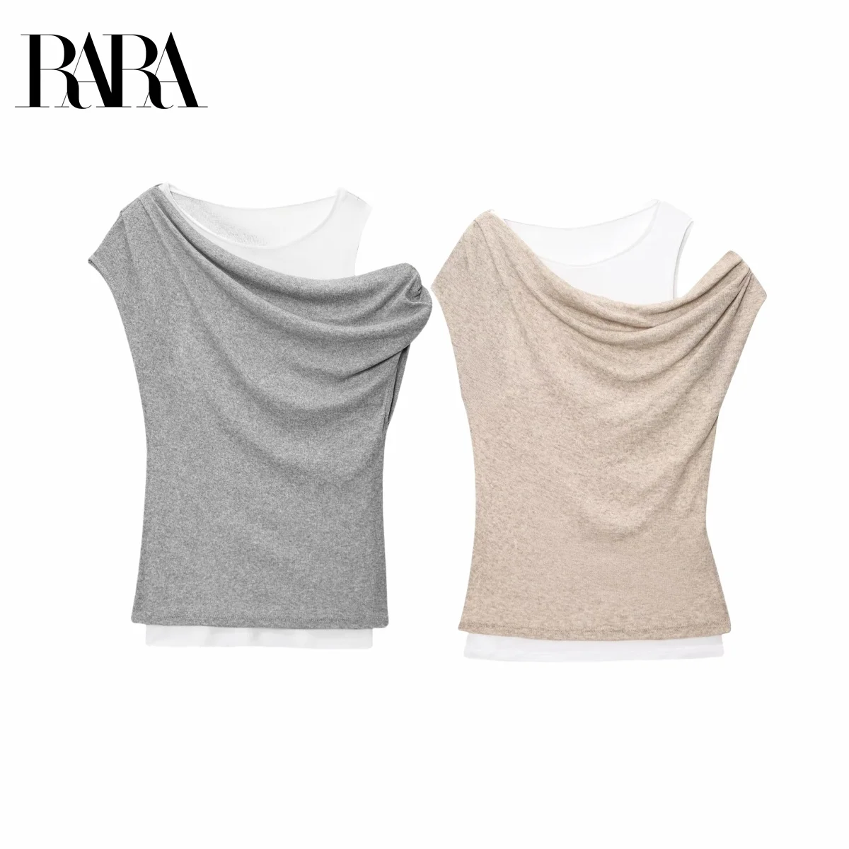 

RARA Womens Summer New Asymmetric Shoulder Design Casual Elegant Fake Two Piece Double Layer Slim Fit T Shirt with Great Design