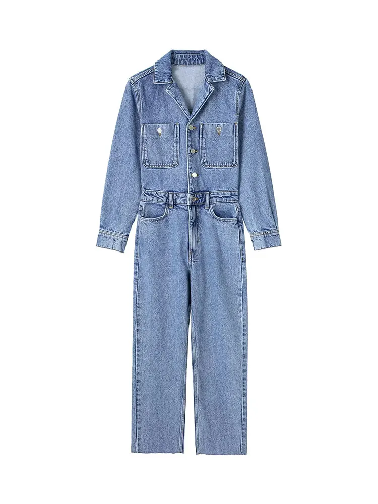 TRAF 2023 New Woman Jeans Jumpsuit Long Sleeves High Waist Denim Bodysuit Notched Fashion Playsuit Jumpsuits