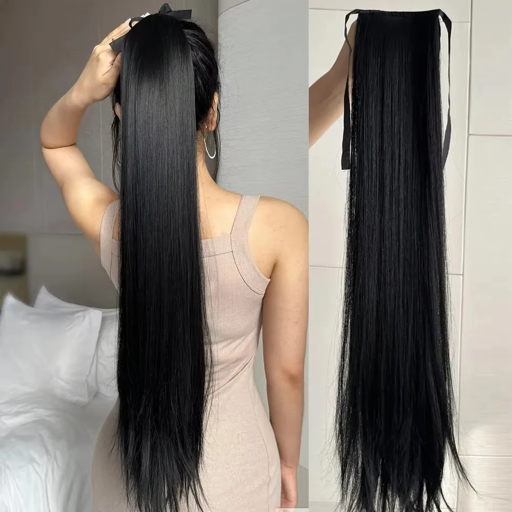 Clip in Ponytail Extension Wrap Around Long Straight Pony Tail Hair 85CM Synthetic Hairpiece for Women Heat Resistant Wigundle