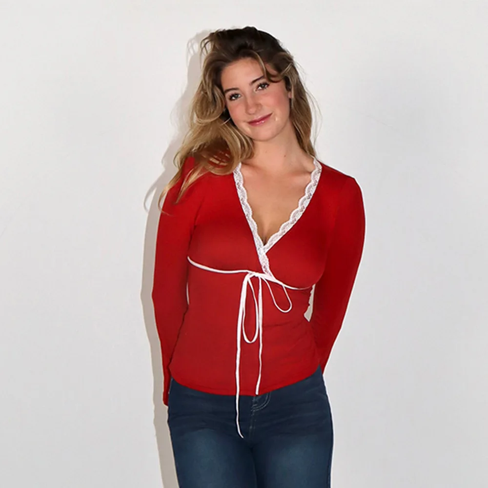 Ins Style New Women's V-Neck Lace Trim Bow Long Sleeve Sexy Slim Fit T-Shirt