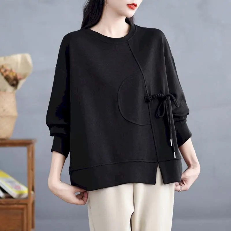 70% Cotton Pullovers Women Fashion Design Drawstring Pullover Casual Loose O-neck Short Tops Spring Autumn Long Sleeve T Shirt