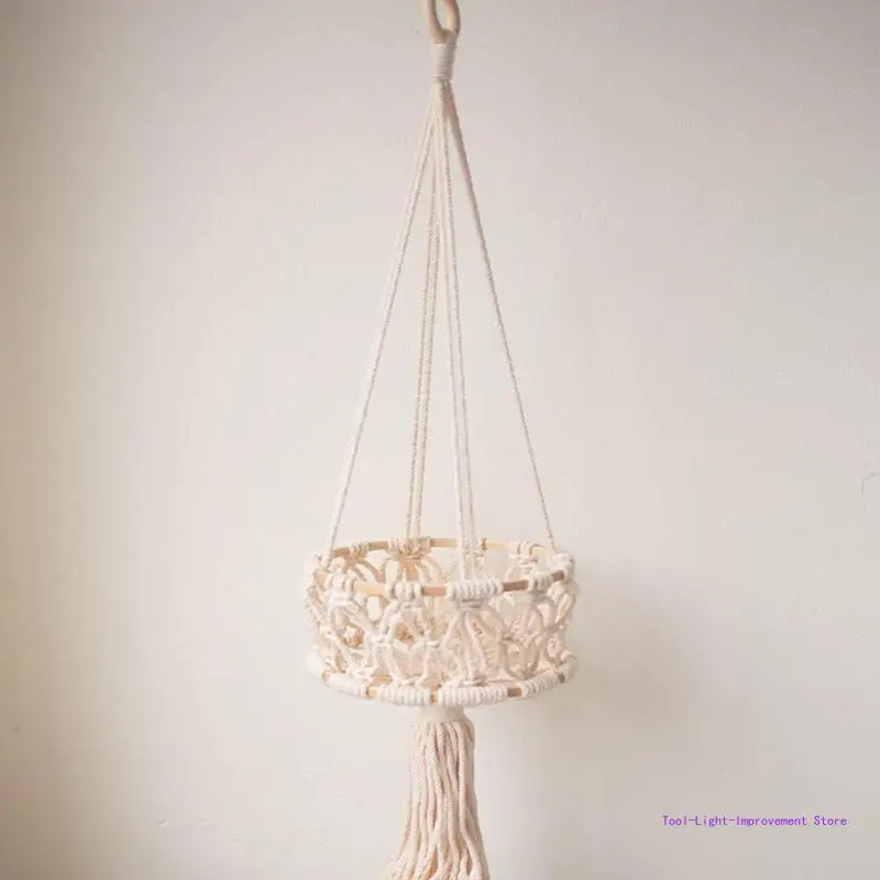 C63E Hanging Fruit Basket 3 Tier Woven Cotton Rope Wall Baskets Kitchen Produce Storage Plant Holder