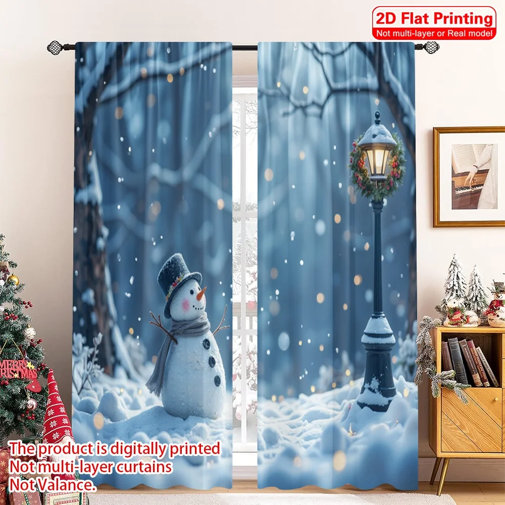 

2pcs 2D flat printing Merry Christmas Drapes Snowman Winter Street Lamp Stars Polyester Without Electricity Festive Curtains Use