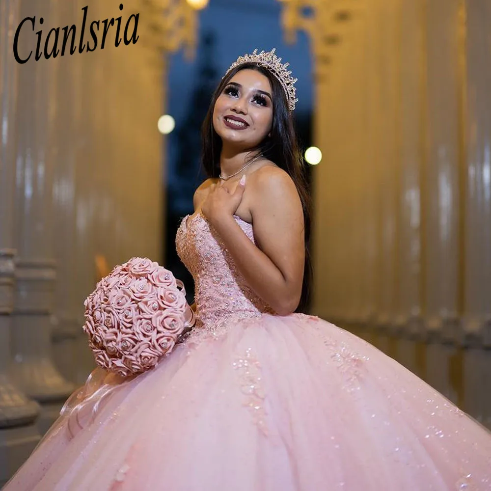 Roze Quinceanera Jurken Tulle Kant Applicaties Birthday Party Baljurk Prinses Zoete Glitter Vestido De 15 Años