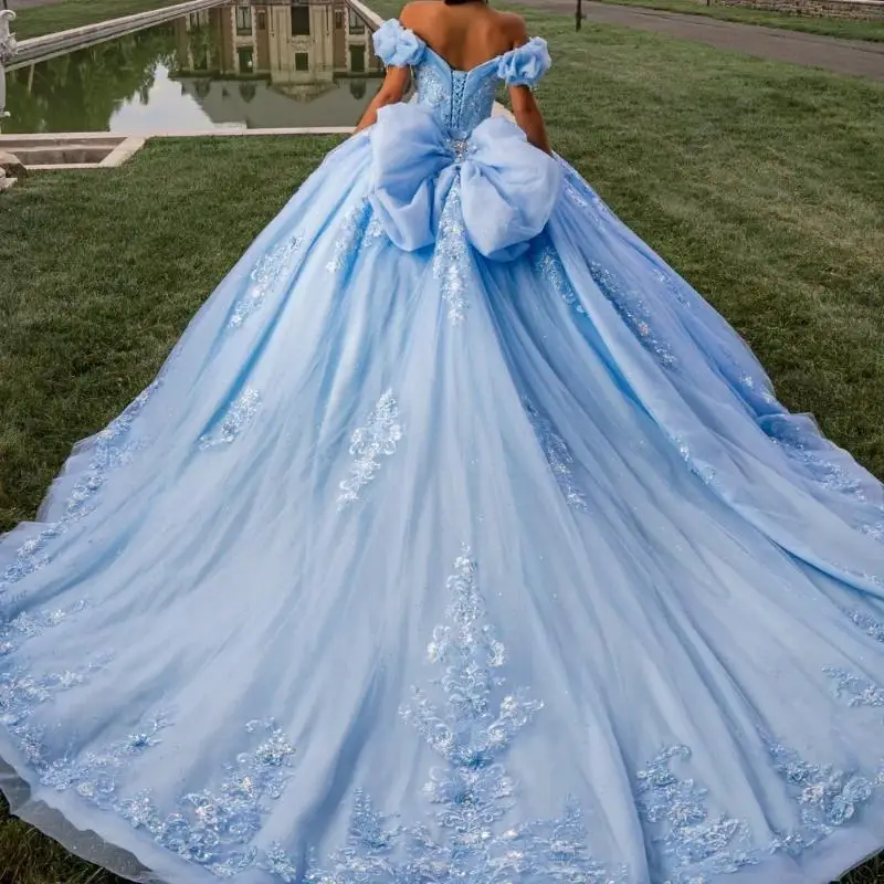 Hemelsblauw Glanzend Baljurk Quinceanera Jurken Off-shoulder Appliqué Kant Kralen Kristallen Strik Tule Feest Verjaardag Sweet 16