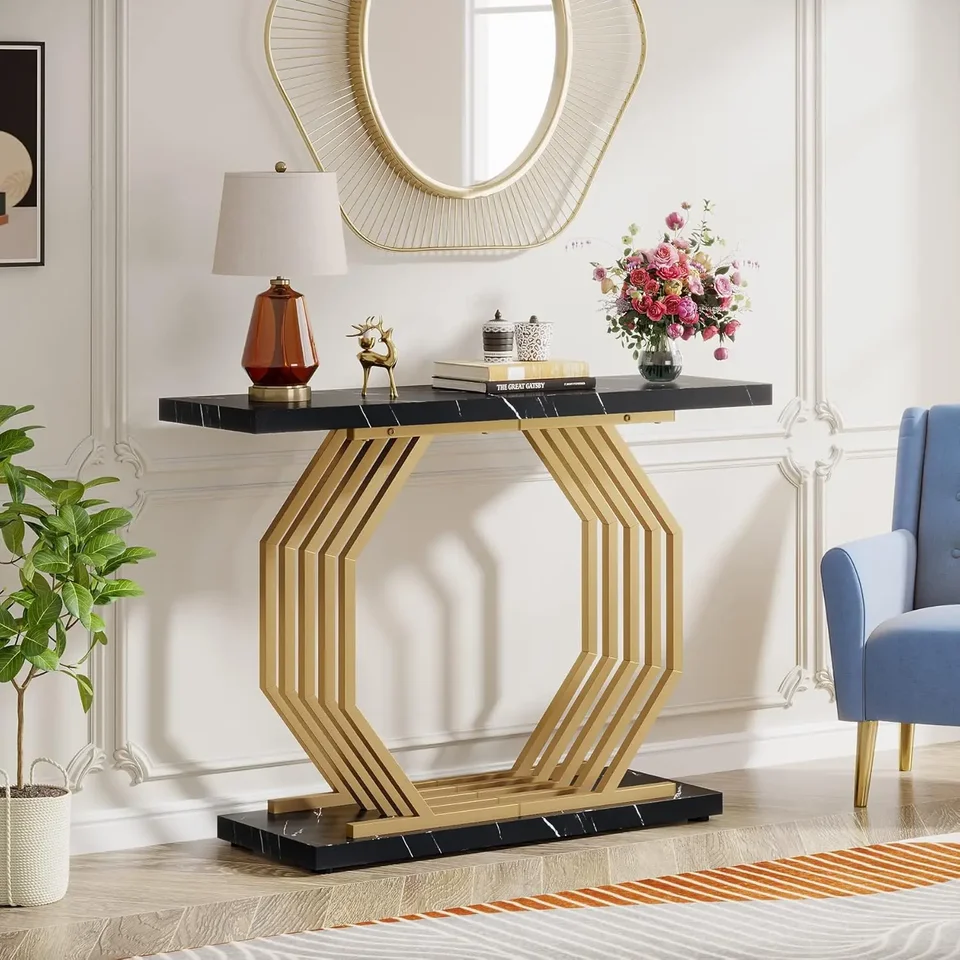 Gold Faux Marble Console Table with Geometric Base