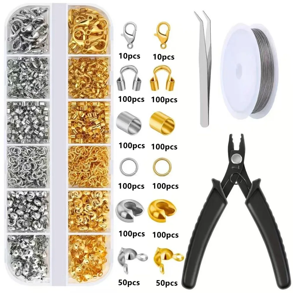 6/12 Grids Jewelry Making Supplies Kit DIY Crimp Tube Cover Jewelry Findings Set Lobster Claw Clasp Wire Guard
