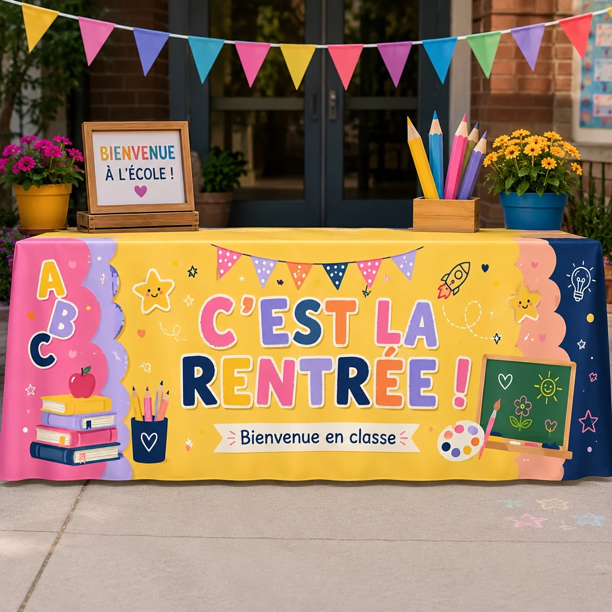 Colorful books, pencils, apple patterns, suitable for back-to-school parties, French welcome slogans, decoration purposes