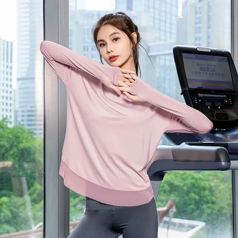 Yoga Clothes Top Long-sleeved T-shirt Mesh Simple Splicing Quick-drying Clothes Soft Thumb Sleeve Gym Loose Sports Workout Top