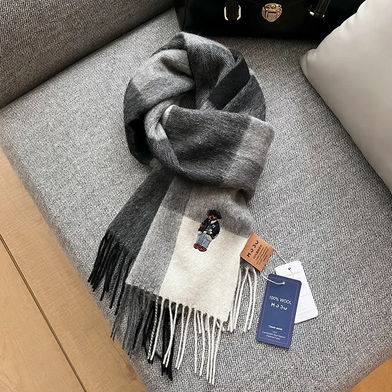 2023Winter BritishClassic Little Bear 100%Australian Wool Women's Scarf Fashionable Plaid Tassels Thickened Warm Waistwear Shawl